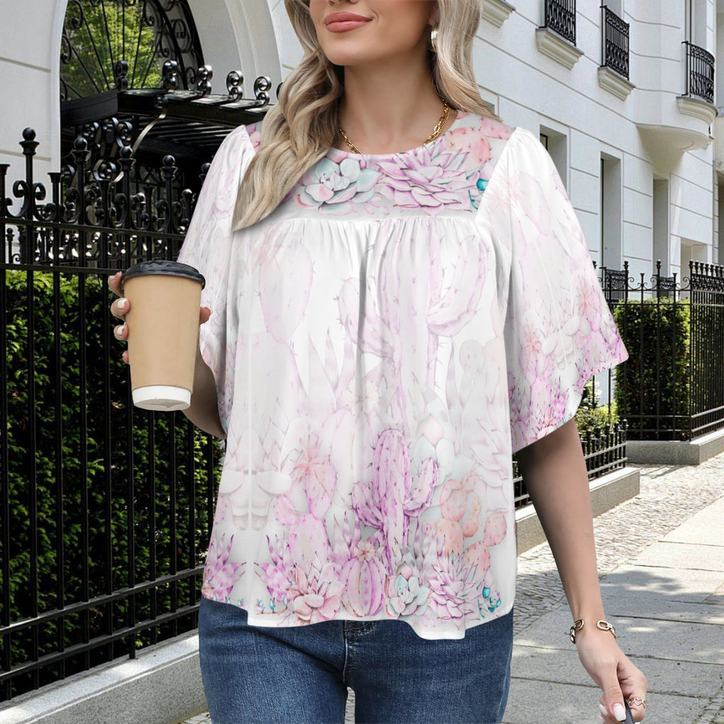 Pink Cactus Short Sleeve Baby Doll Top