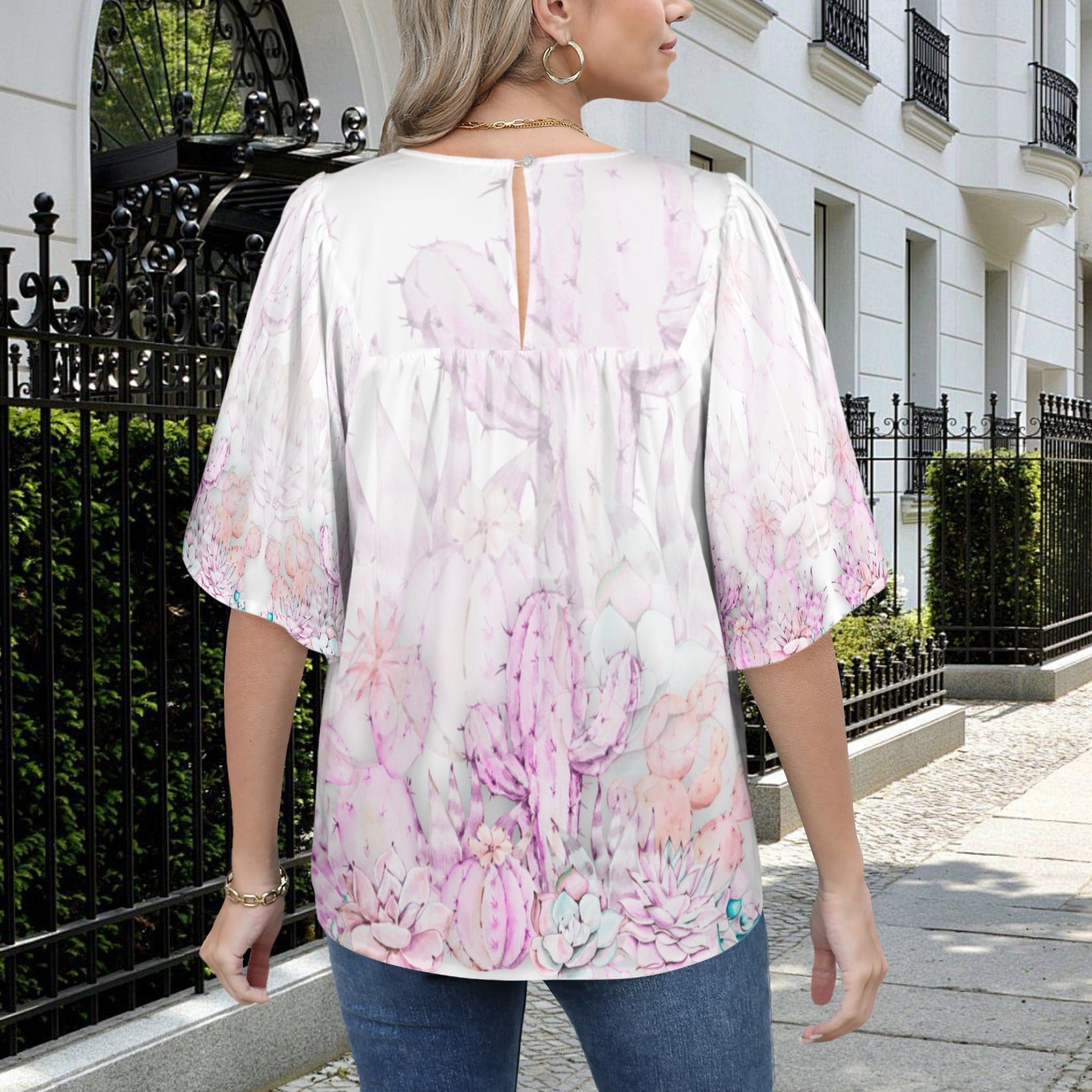 Pink Cactus Short Sleeve Baby Doll Top