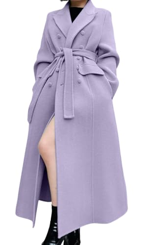 CHARTOU Women Long Winter Wool Pea Coat Lapel Double Breasted Trench Over Coat with Belt