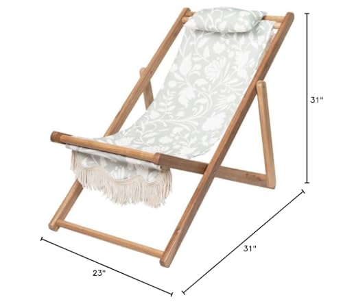 One Kings Lane Sage Green/White Flora Lounge Sling Beach Chair - Lightweight Outdoor Folding Chair with Fringe for Camping, Lake, Patio, Sports