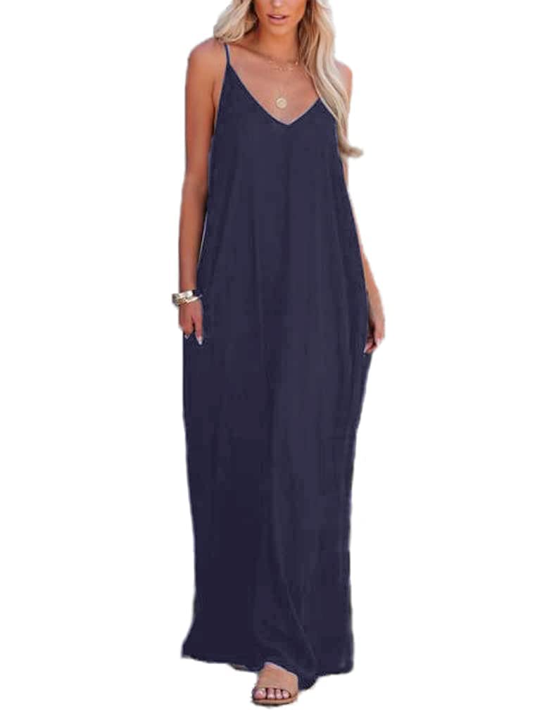 Poetsky Womens Casual Strappy V Neck Sleeveless Flowy Pockets Loose Long Maxi Beach Dress Sundress