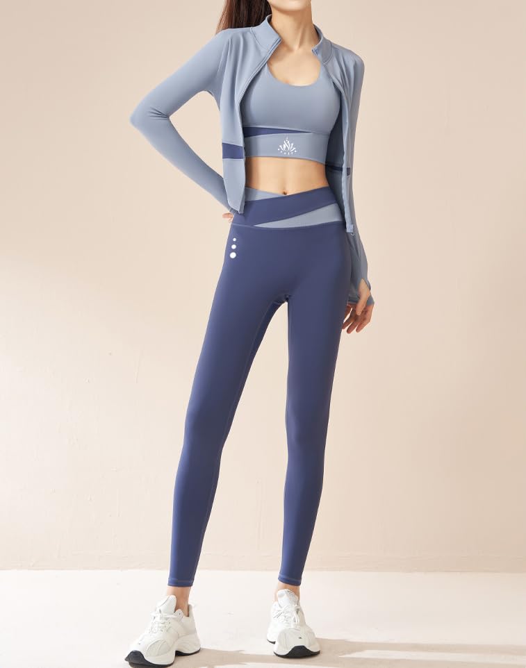 Women Activewear Gymwear Yoga Suit Athleisure Five Piece Set, T-Shirt, Jacket, Sports Bra, Leggings, Running Shorts