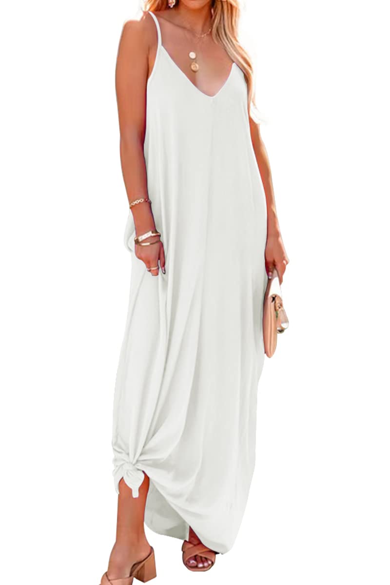 Poetsky Womens Casual Strappy V Neck Sleeveless Flowy Pockets Loose Long Maxi Beach Dress Sundress