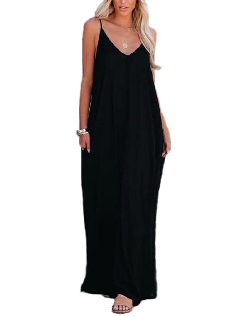 Poetsky Womens Casual Strappy V Neck Sleeveless Flowy Pockets Loose Long Maxi Beach Dress Sundress