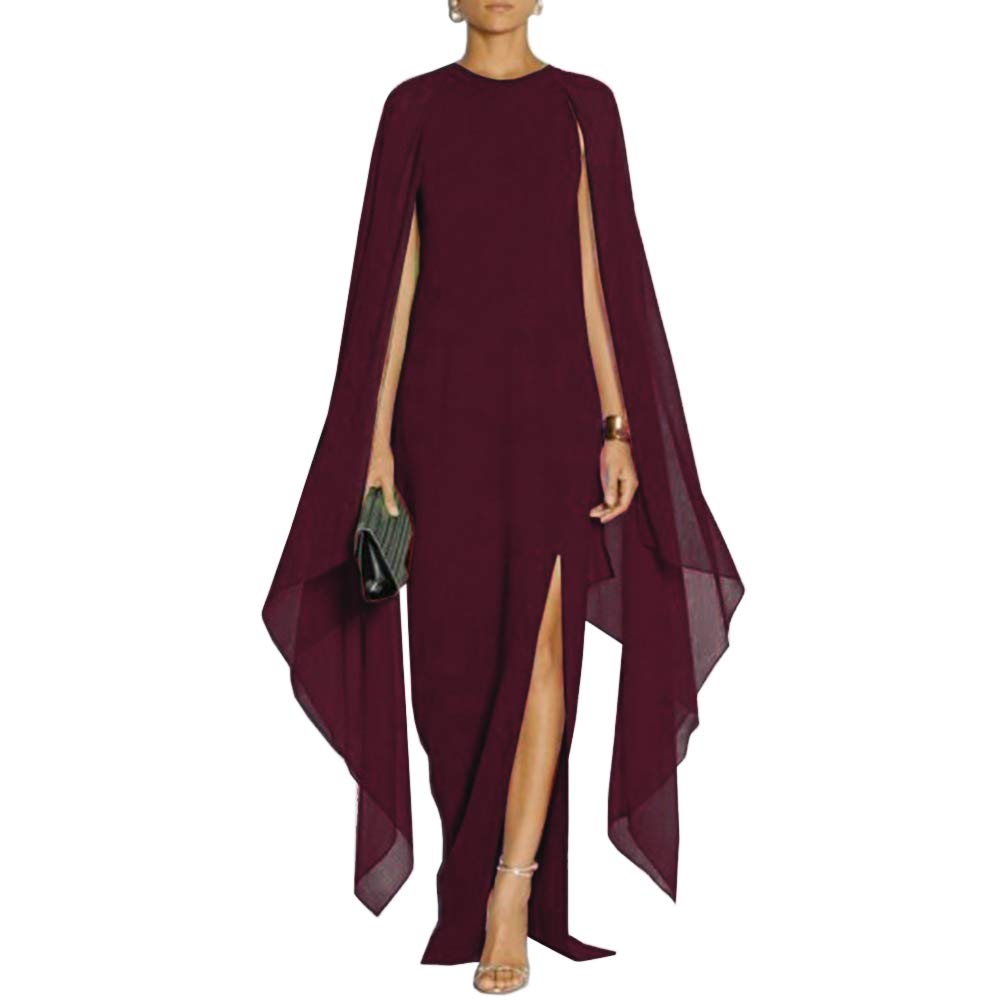 MAYFASEY Women's Elegant High Split Flare Sleeve Formal Evening Gowns Maxi Dress with Cape