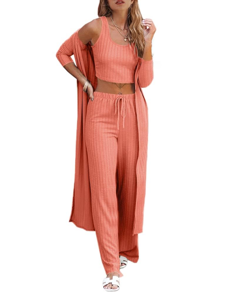Fessceruna Womens 3 Piece Lounge Sets Pajamas Knit Long Sleeve Cardigan Crop Top Wide Leg Pants Loungewear Set