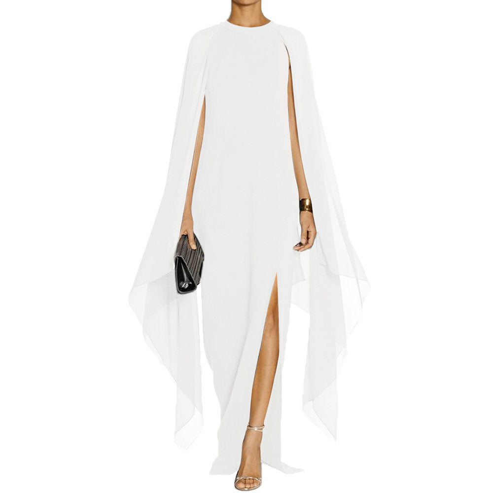 MAYFASEY Women's Elegant High Split Flare Sleeve Formal Evening Gowns Maxi Dress with Cape