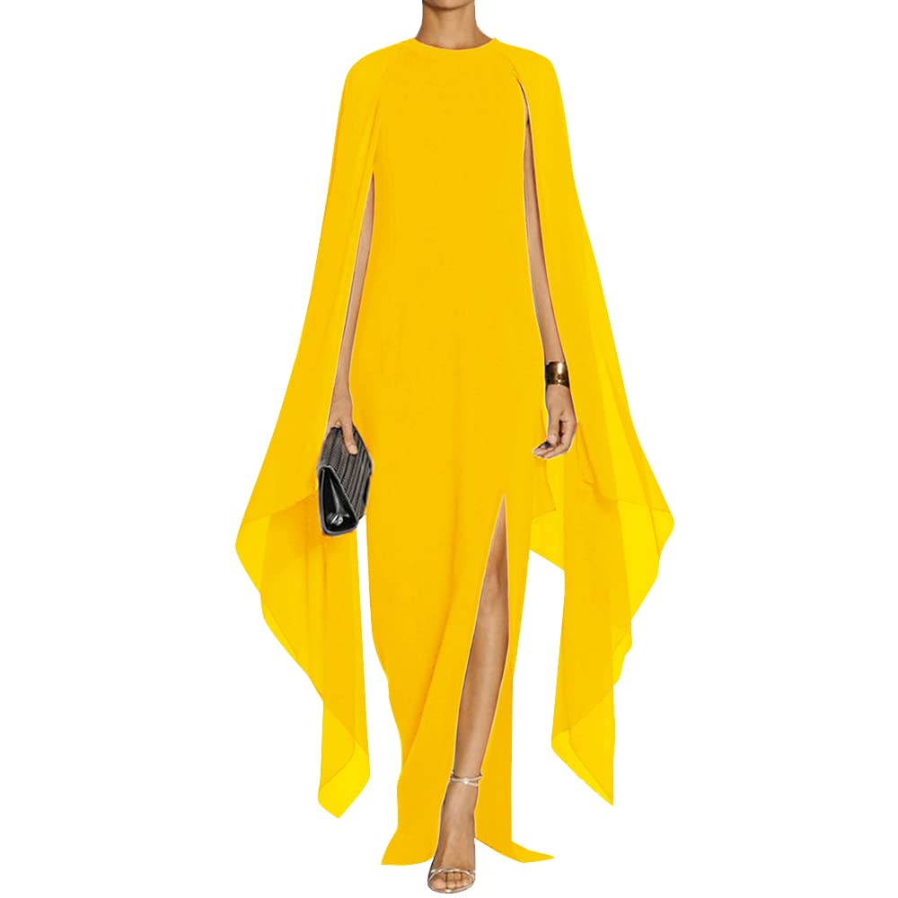 MAYFASEY Women's Elegant High Split Flare Sleeve Formal Evening Gowns Maxi Dress with Cape