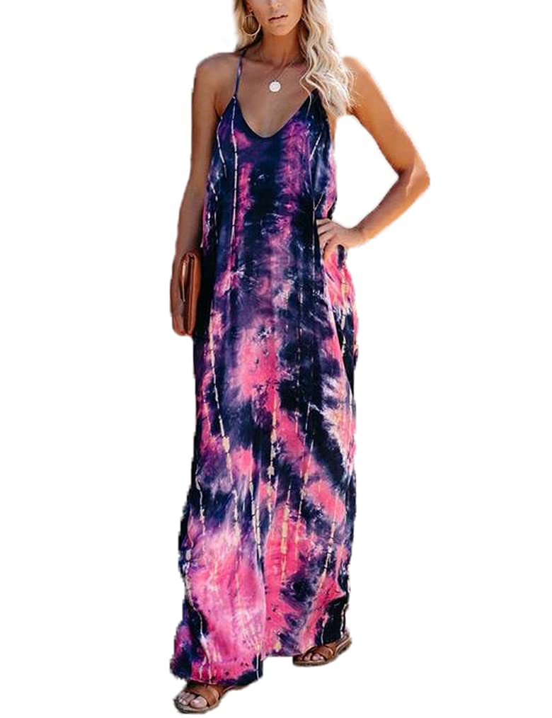 Poetsky Womens Casual Strappy V Neck Sleeveless Flowy Pockets Loose Long Maxi Beach Dress Sundress