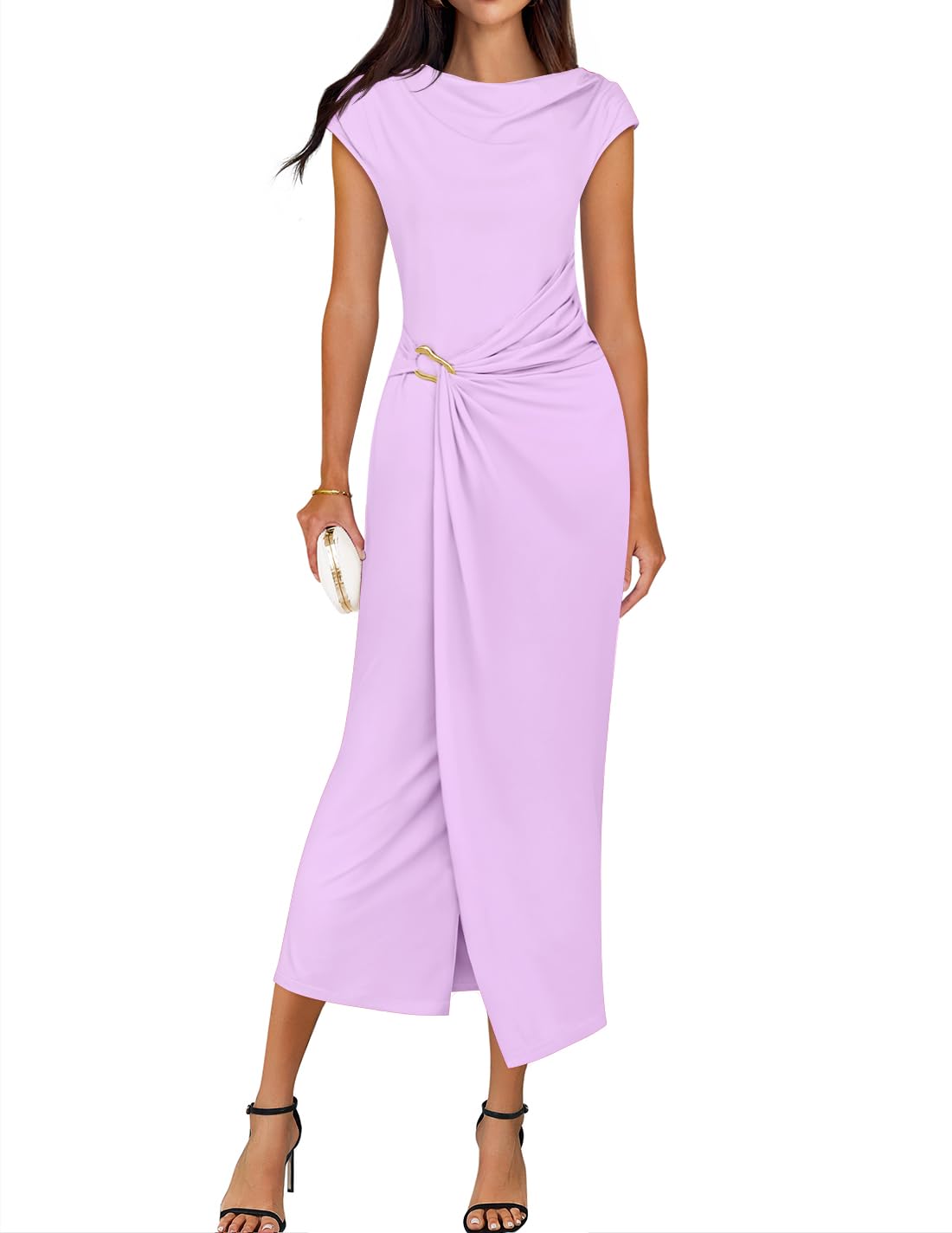 ZESICA Women's 2025 Summer Mock Neck Casual Bodycon Dress Cap Sleeve Elegant Cocktail Party Long Midi Dresses