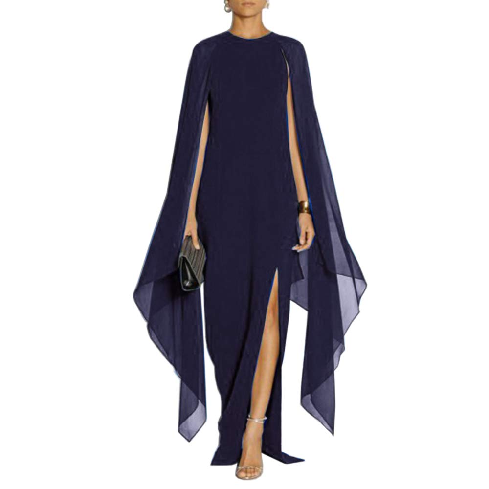 MAYFASEY Women's Elegant High Split Flare Sleeve Formal Evening Gowns Maxi Dress with Cape