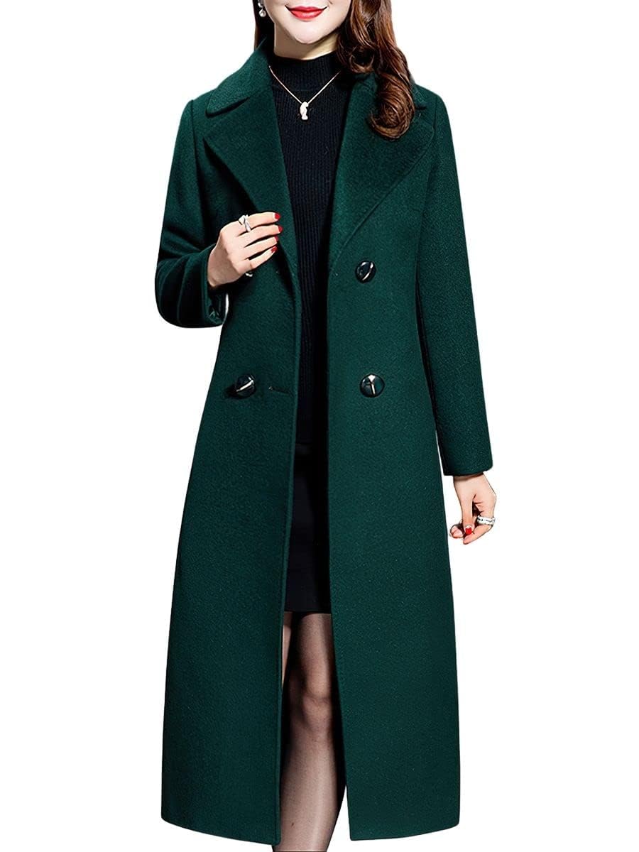 ebossy Women's Elegant Business Wool Coat Double Breasted Winter Long Coat