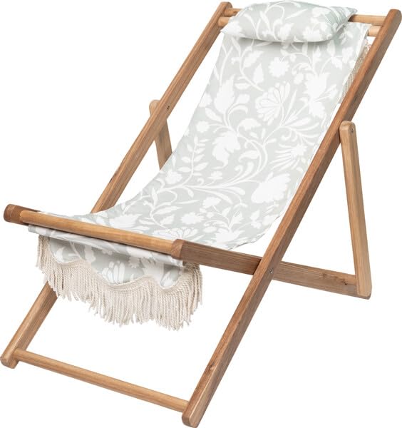 One Kings Lane Sage Green/White Flora Lounge Sling Beach Chair - Lightweight Outdoor Folding Chair with Fringe for Camping, Lake, Patio, Sports