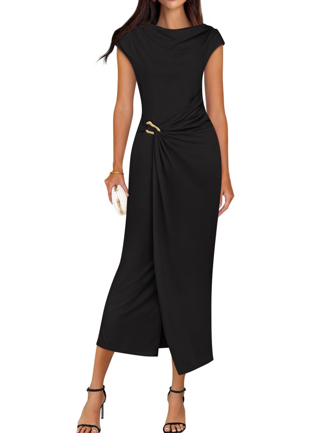 ZESICA Women's 2025 Summer Mock Neck Casual Bodycon Dress Cap Sleeve Elegant Cocktail Party Long Midi Dresses