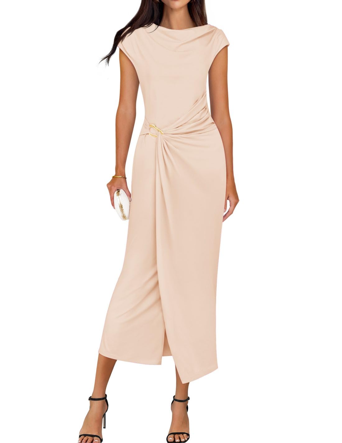 ZESICA Women's 2025 Summer Mock Neck Casual Bodycon Dress Cap Sleeve Elegant Cocktail Party Long Midi Dresses