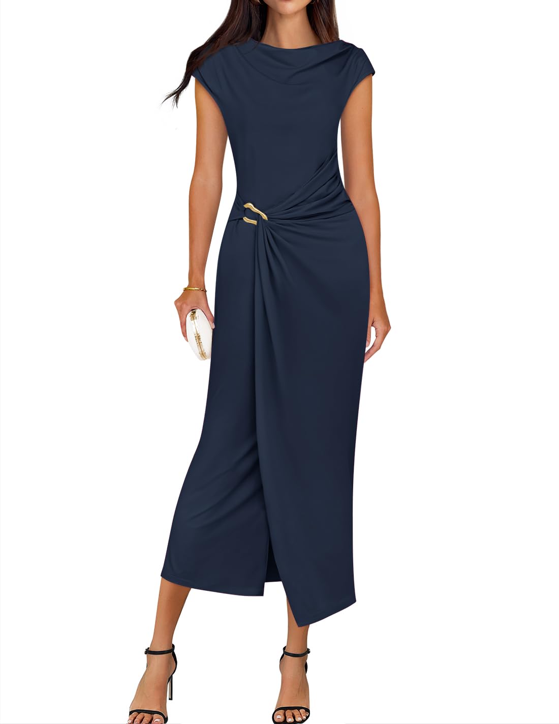 ZESICA Women's 2025 Summer Mock Neck Casual Bodycon Dress Cap Sleeve Elegant Cocktail Party Long Midi Dresses
