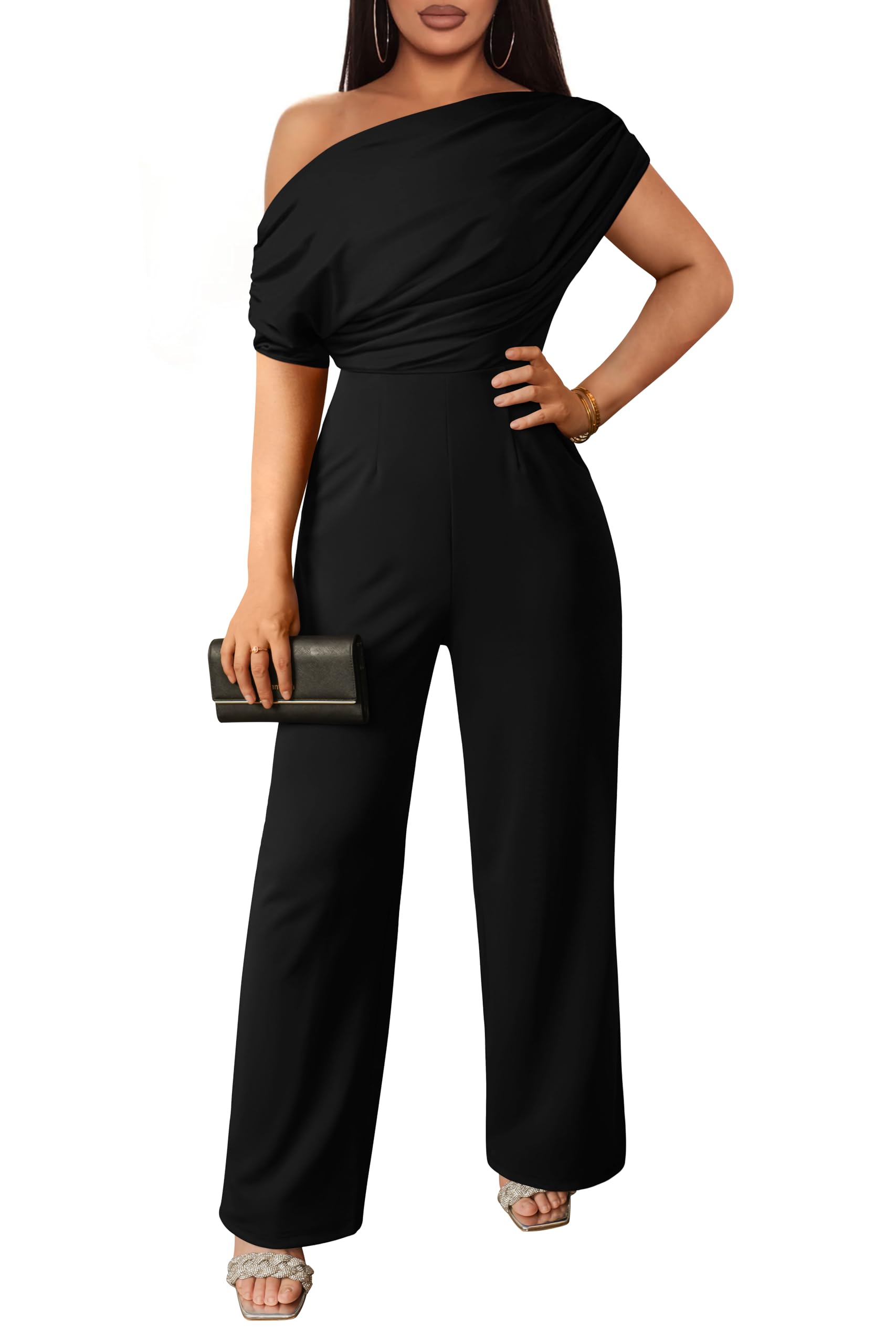 YMDUCH Women's Casual Sleeveless Off Shoulder Wide Leg Long Pant Jumpsuits