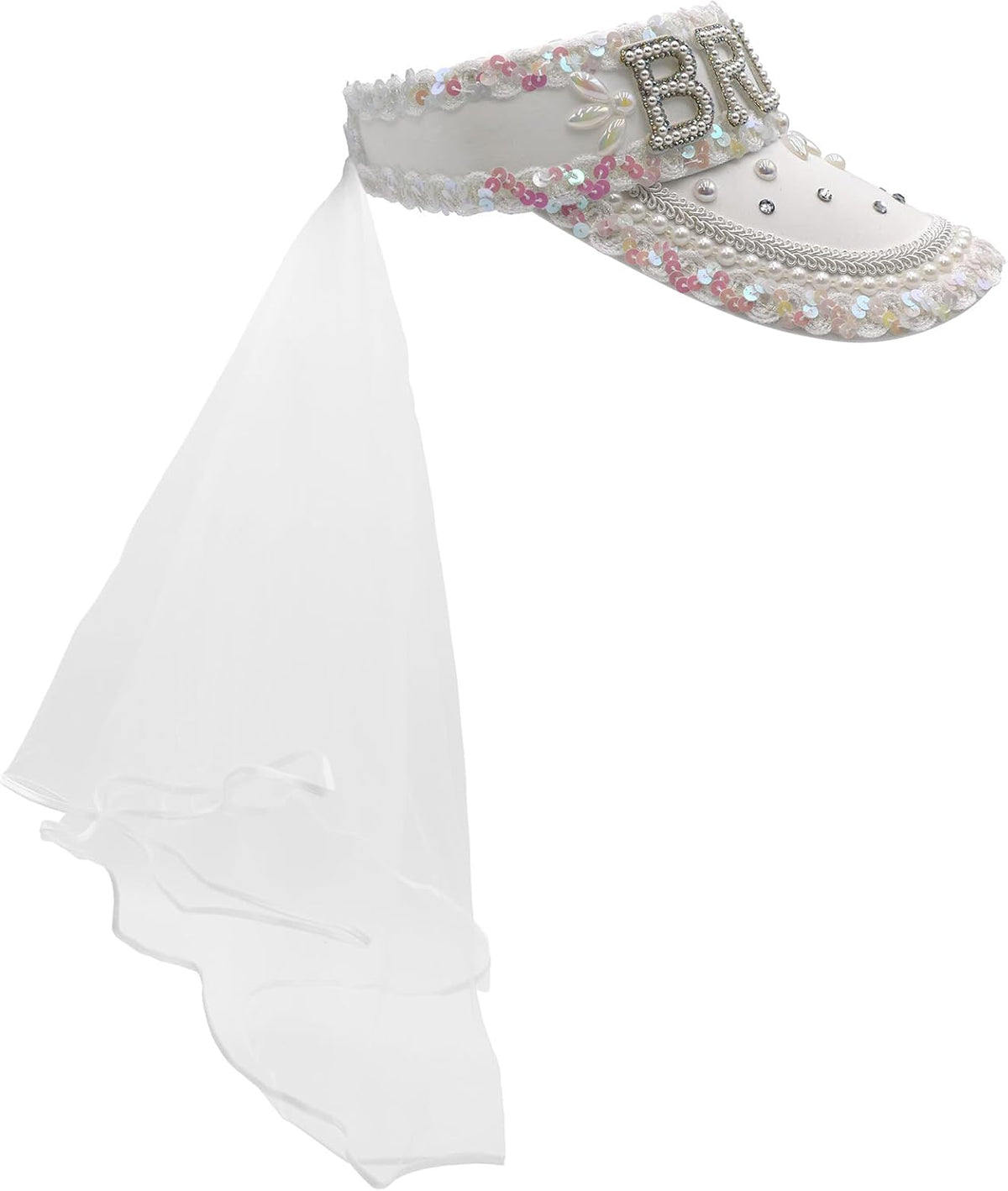 Nicky Bigs Novelties Bride Sun Visor with Detachable Veil Cream White Bachelorette Hat with Sequins Pearls & Rhinestones Adjustable Party Cap for Beach Wedding Festival or Cosplay