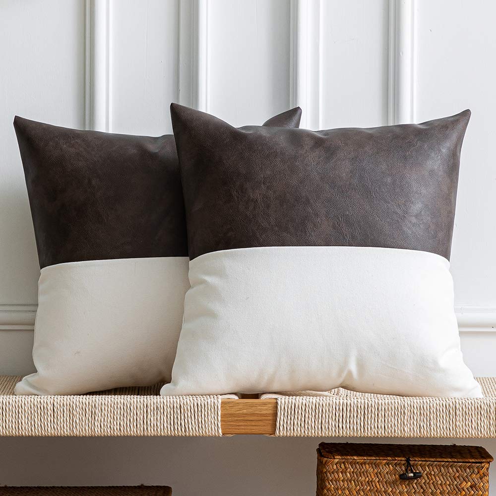 DEZENE Leather Throw Pillow Covers, Set of 2 Modern Leather/Cotton Decorative Pillowcases for Home Decor Bedroom Living Room Couch Bed Sofa, 18x18 Inch, Cognac-Brown and White