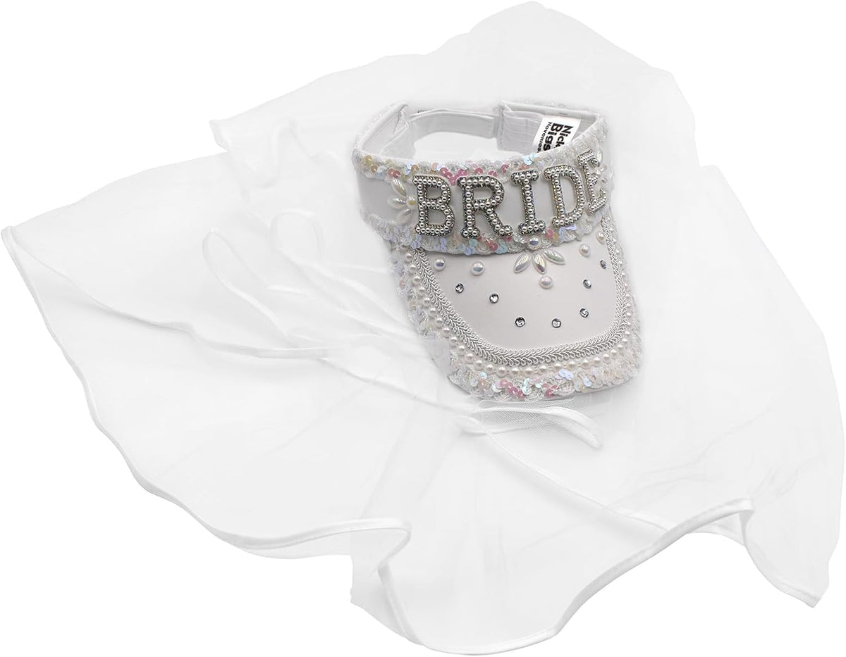Nicky Bigs Novelties Bride Sun Visor with Detachable Veil Cream White Bachelorette Hat with Sequins Pearls & Rhinestones Adjustable Party Cap for Beach Wedding Festival or Cosplay