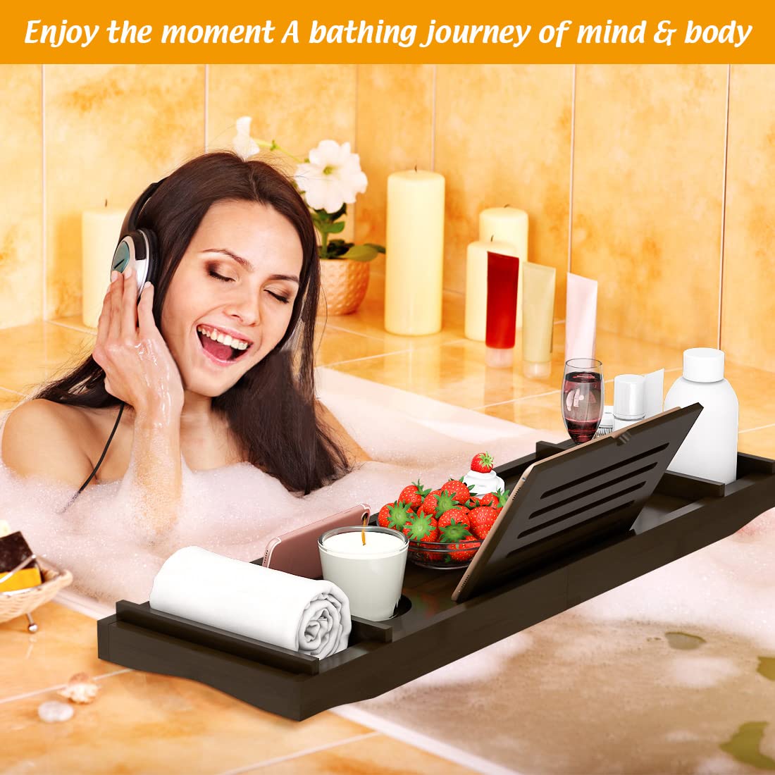 Zhuoyue Bamboo Bathtub Tray, Expandable Premium Bath Tray for Luxury Bathroom, Adjustable Bath Accessories for Tub with Soap Towel Book Holder, Extendable 29.5-43.3" White