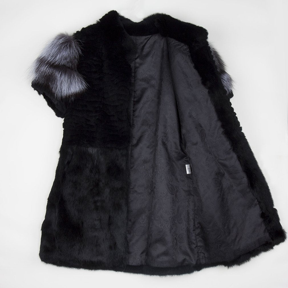 Fur Story Women's Genuine Rabbit Fur Coat With Fox Fur Cuffs Warm Winter Coat Black Long Jacket