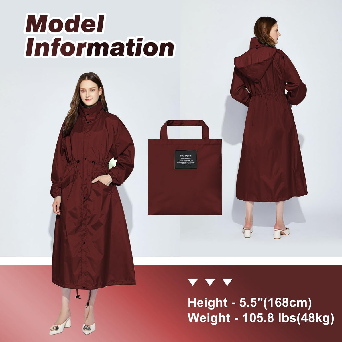 LAMA Womens Long Raincoats Rain Jacket Waterproof Packable Hooded Windbreaker Lightweight Adjustable Waist for Outdoor