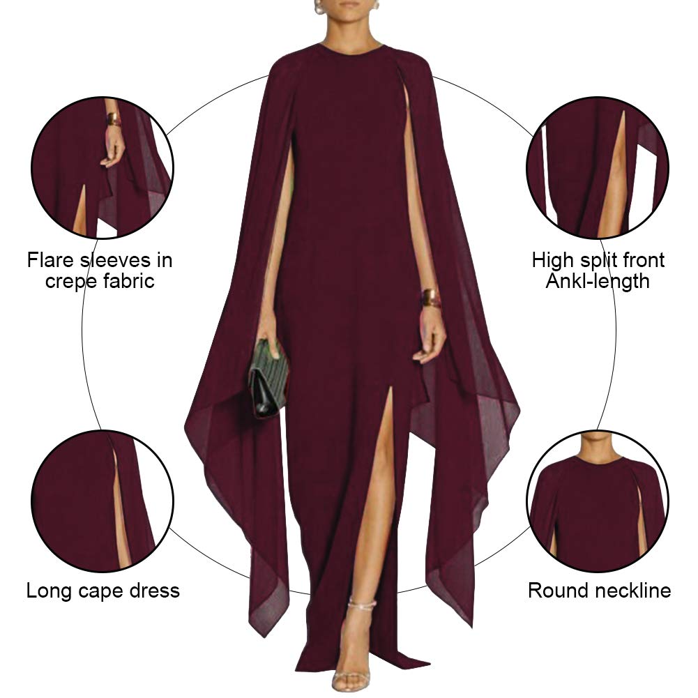 MAYFASEY Women's Elegant High Split Flare Sleeve Formal Evening Gowns Maxi Dress with Cape