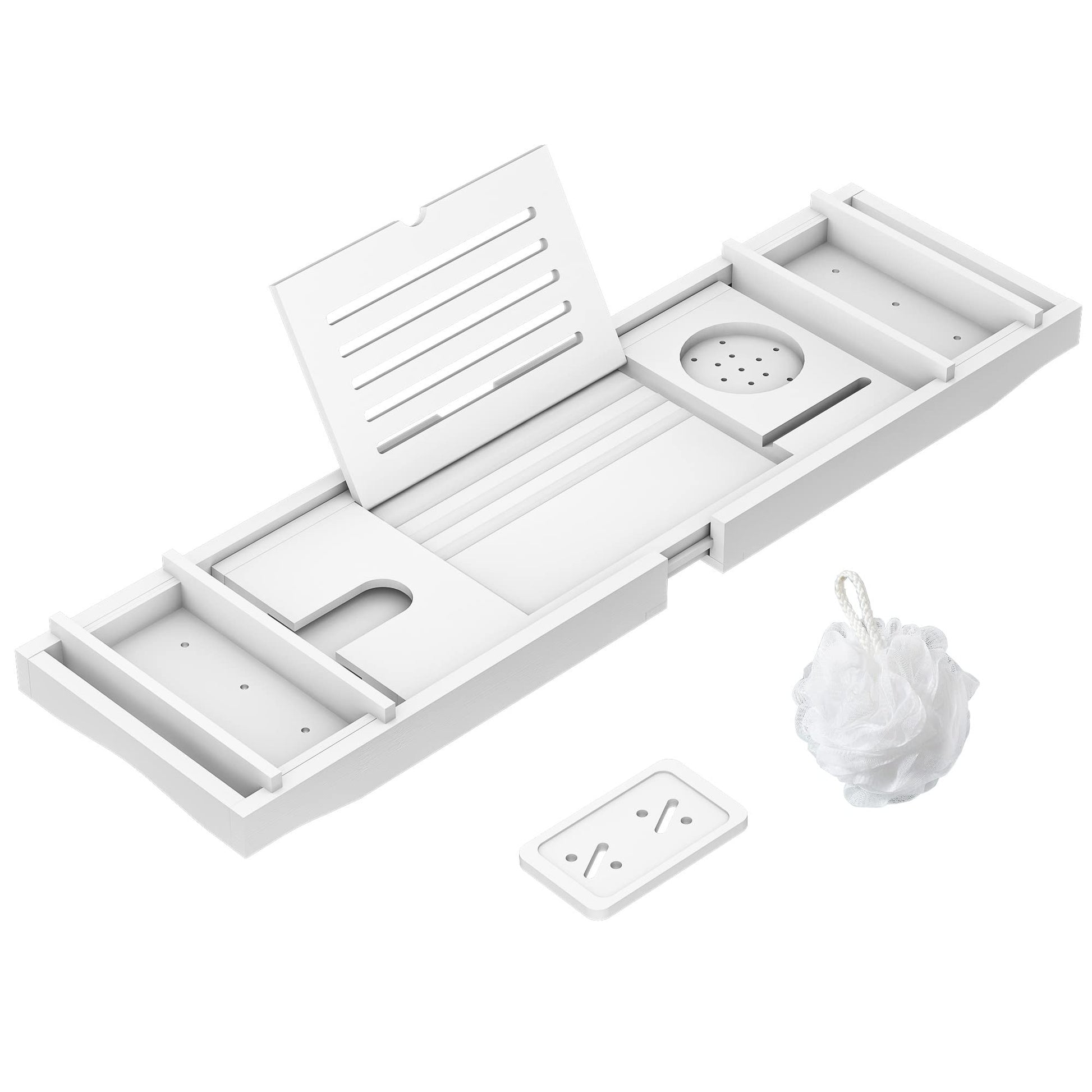 Zhuoyue Bamboo Bathtub Tray, Expandable Premium Bath Tray for Luxury Bathroom, Adjustable Bath Accessories for Tub with Soap Towel Book Holder, Extendable 29.5-43.3" White