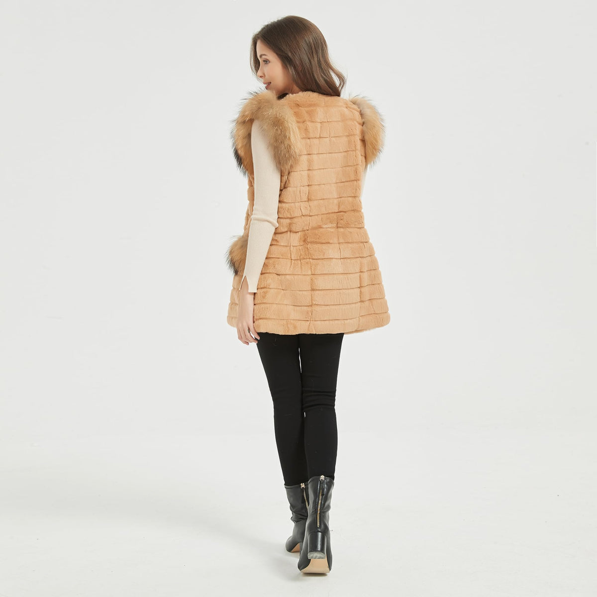 Fur Story Women's Genuine Rabbit Fur Coat With Fox Fur Cuffs Warm Winter Coat Black Long Jacket