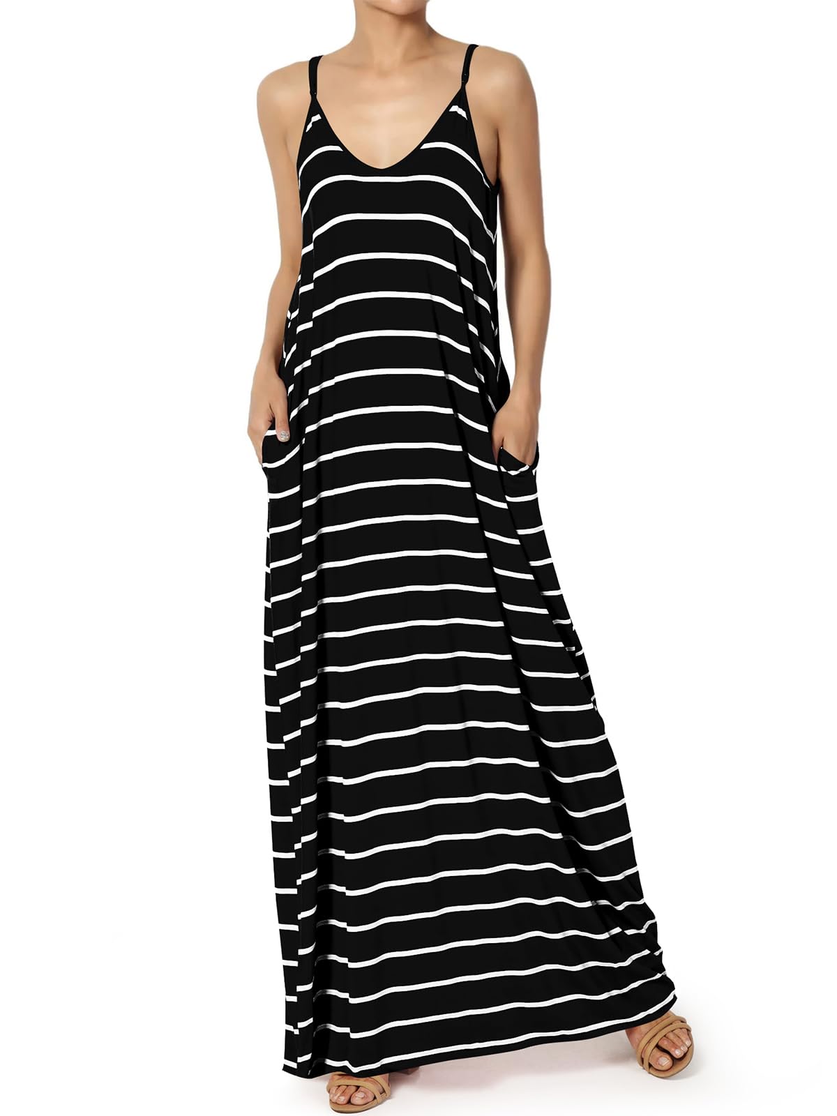 Poetsky Womens Casual Strappy V Neck Sleeveless Flowy Pockets Loose Long Maxi Beach Dress Sundress