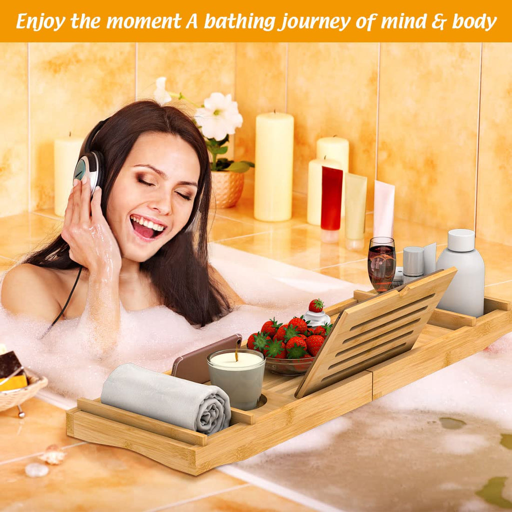 Zhuoyue Bamboo Bathtub Tray, Expandable Premium Bath Tray for Luxury Bathroom, Adjustable Bath Accessories for Tub with Soap Towel Book Holder, Extendable 29.5-43.3" White