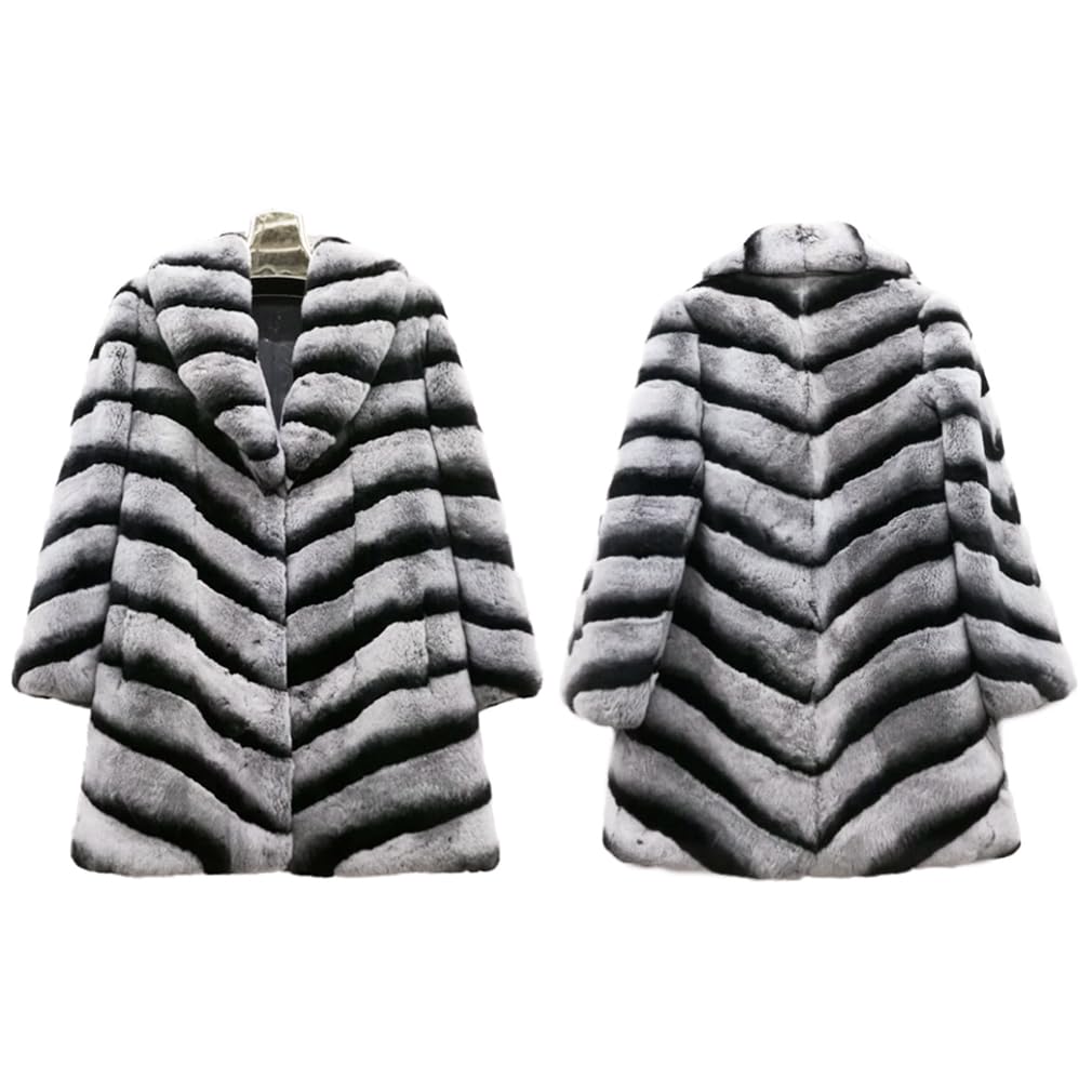 Women's Real Rex Rabbit Fur Coat Furry Long Jacket Winter Warm Stripes Outerwear Turn-down Collar