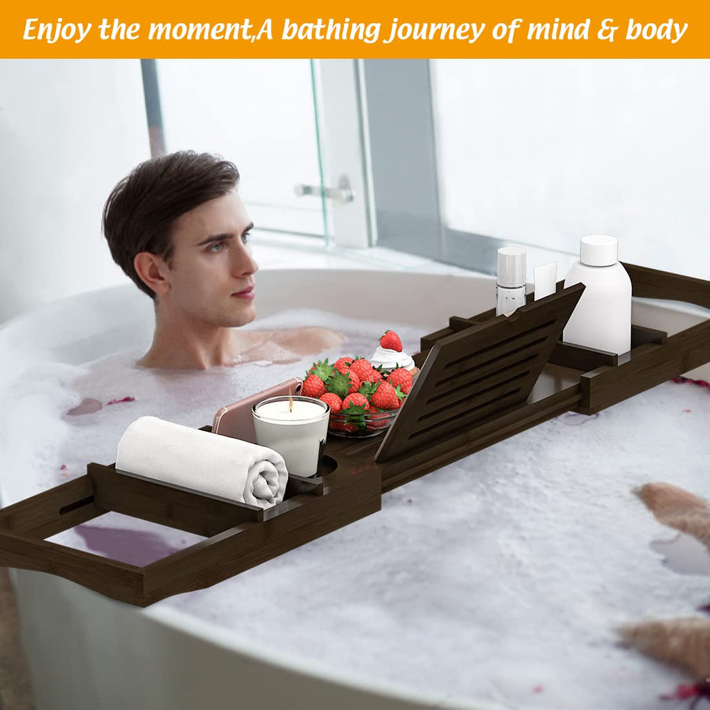 Zhuoyue Bamboo Bathtub Tray, Expandable Premium Bath Tray for Luxury Bathroom, Adjustable Bath Accessories for Tub with Soap Towel Book Holder, Extendable 29.5-43.3" White