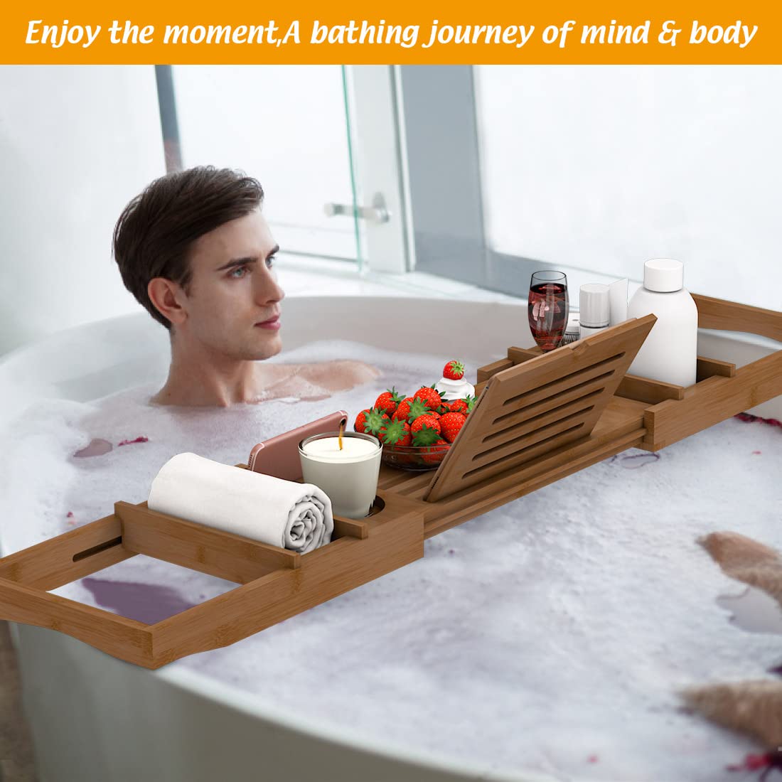 Zhuoyue Bamboo Bathtub Tray, Expandable Premium Bath Tray for Luxury Bathroom, Adjustable Bath Accessories for Tub with Soap Towel Book Holder, Extendable 29.5-43.3" White