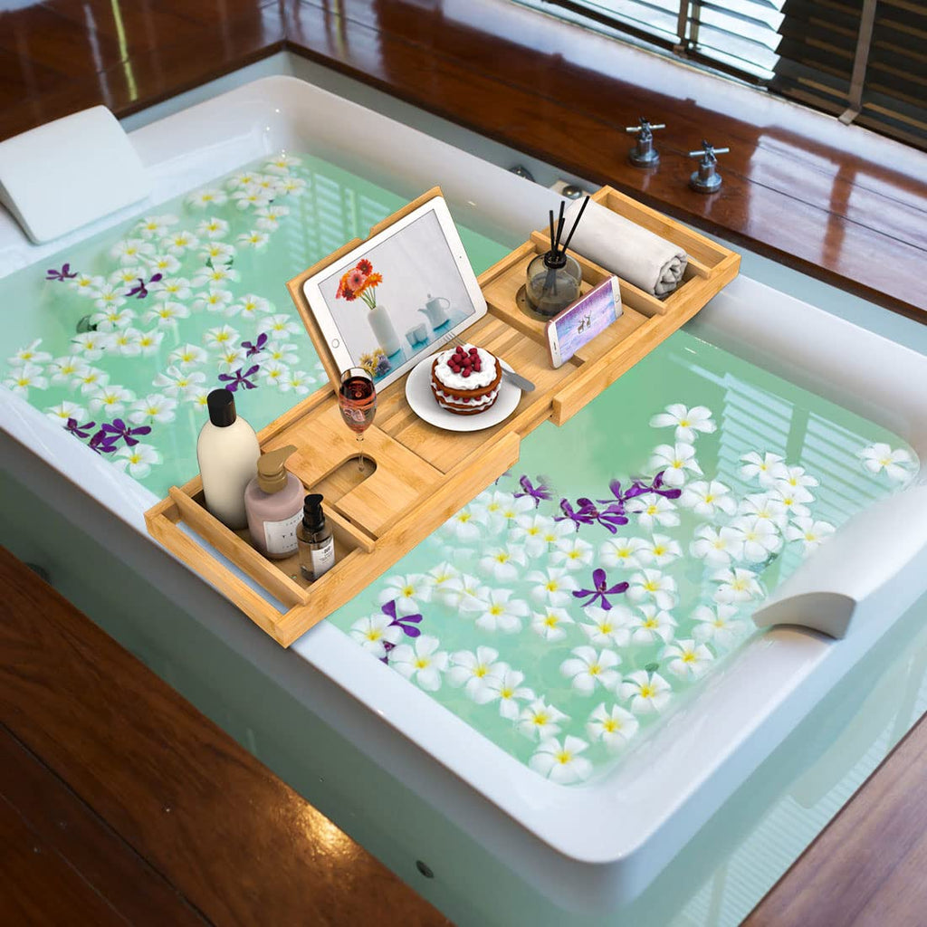 Zhuoyue Bamboo Bathtub Tray, Expandable Premium Bath Tray for Luxury Bathroom, Adjustable Bath Accessories for Tub with Soap Towel Book Holder, Extendable 29.5-43.3" White