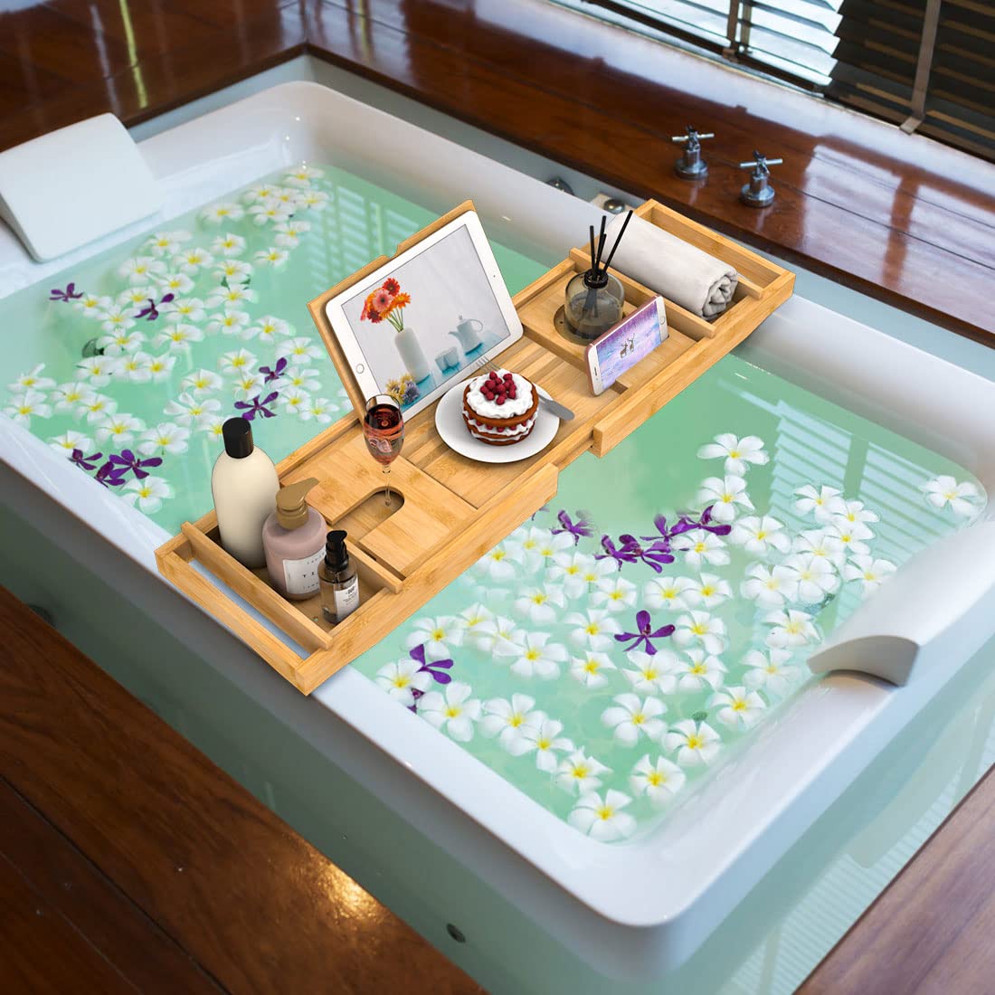 Zhuoyue Bamboo Bathtub Tray, Expandable Premium Bath Tray for Luxury Bathroom, Adjustable Bath Accessories for Tub with Soap Towel Book Holder, Extendable 29.5-43.3" White