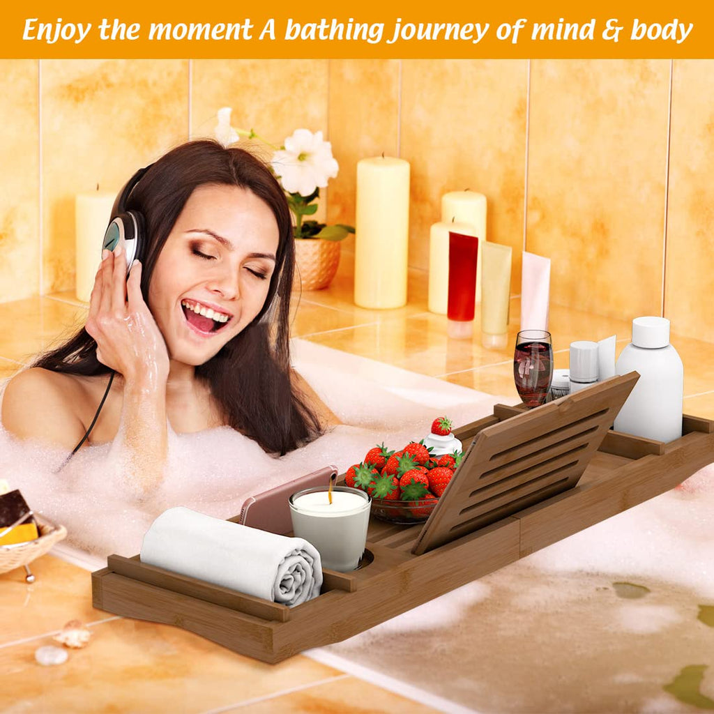 Zhuoyue Bamboo Bathtub Tray, Expandable Premium Bath Tray for Luxury Bathroom, Adjustable Bath Accessories for Tub with Soap Towel Book Holder, Extendable 29.5-43.3" White