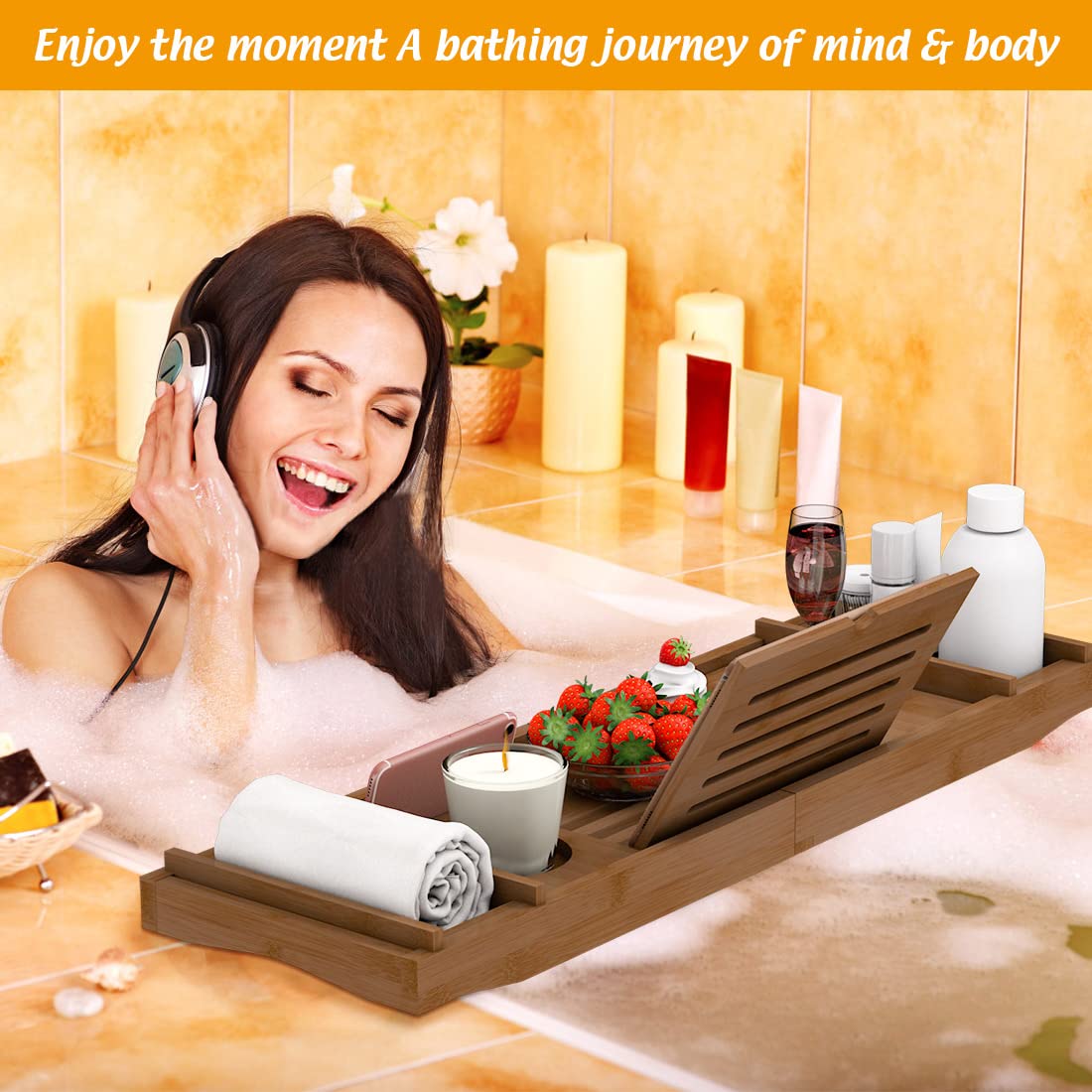 Zhuoyue Bamboo Bathtub Tray, Expandable Premium Bath Tray for Luxury Bathroom, Adjustable Bath Accessories for Tub with Soap Towel Book Holder, Extendable 29.5-43.3" White