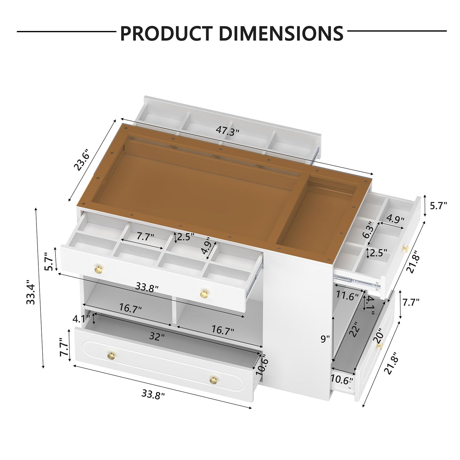 Closet Island with Glass Top and 6 Drawers, Walnut & White Bedroom Storage Island with Open Shelves, Walk-in Wardrobe Dresser Cabinet for Closet, Fitting Room, or Retail Display,White