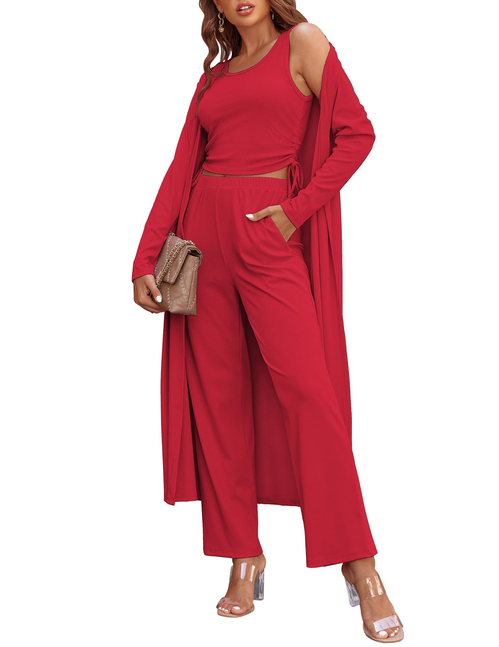 Ekouaer Women's 3 Piece Knit Lounge Set Pajama Long Sleeve Cardigan Sleeveless Top Pants Sweatsuit S-XXL