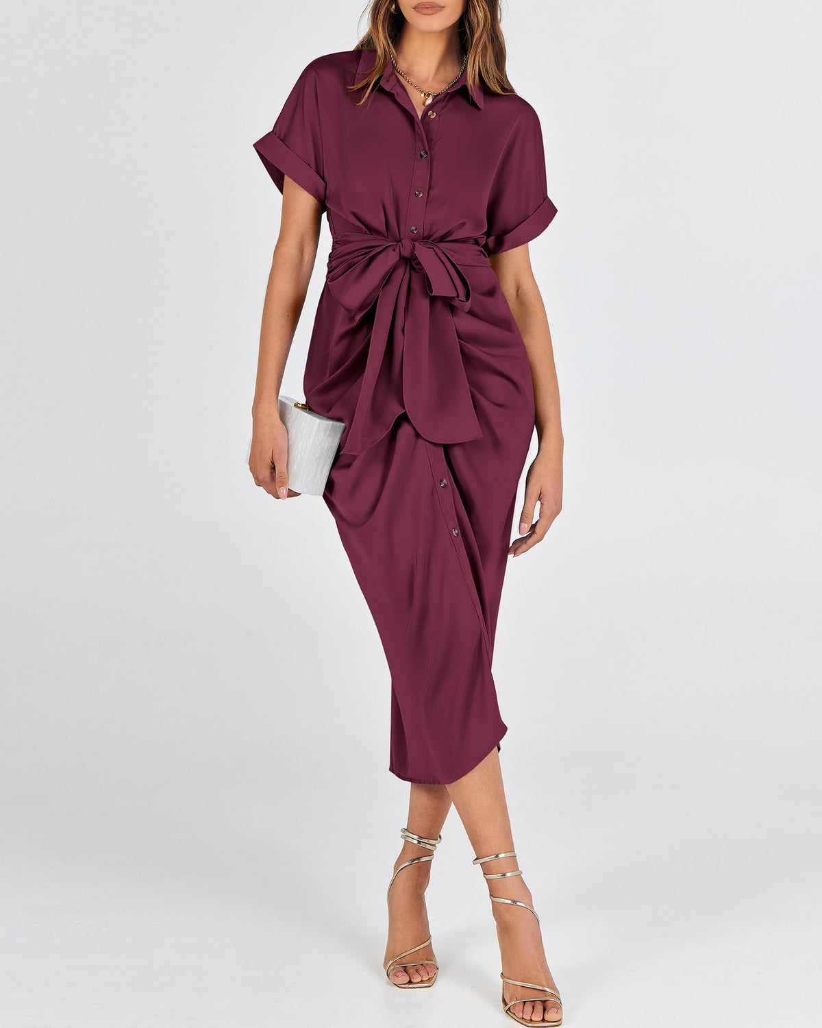 BTFBM Women Button Down Ruched Shirt Dresses Satin Short Sleeve Lapel V Neck Summer Maxi Dress 2025 Party Wedding Guest