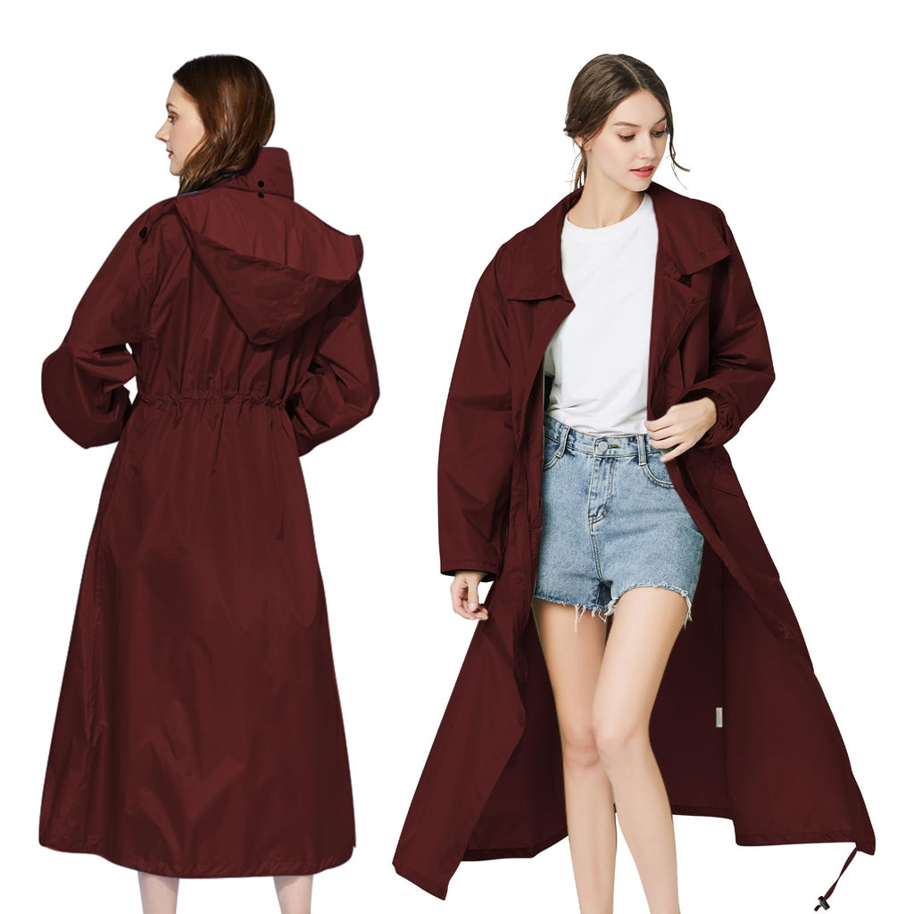 LAMA Womens Long Raincoats Rain Jacket Waterproof Packable Hooded Windbreaker Lightweight Adjustable Waist for Outdoor