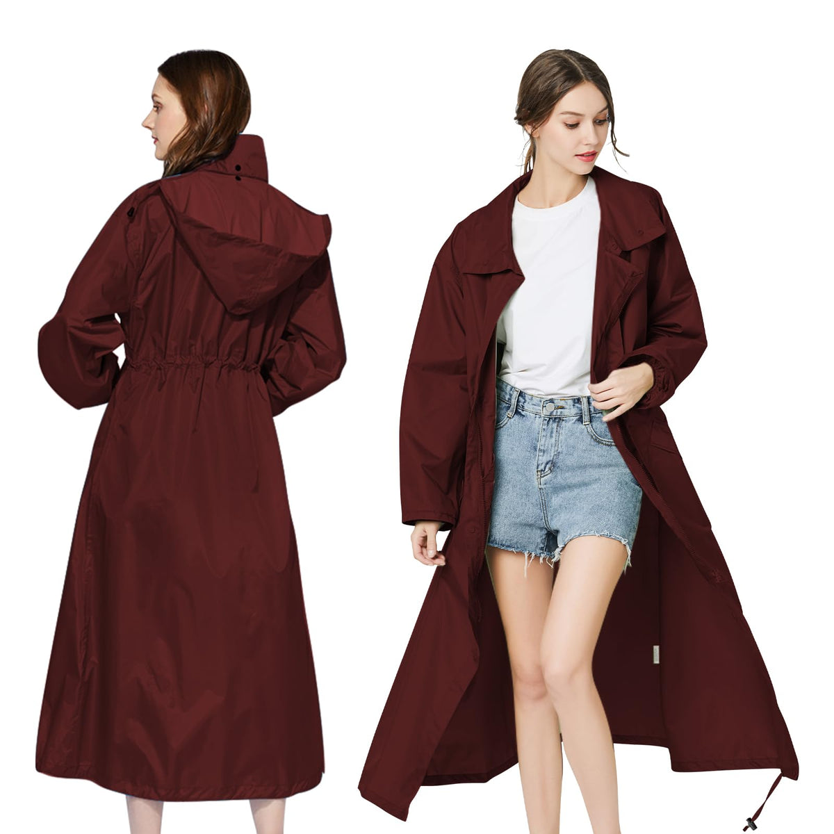 LAMA Womens Long Raincoats Rain Jacket Waterproof Packable Hooded Windbreaker Lightweight Adjustable Waist for Outdoor