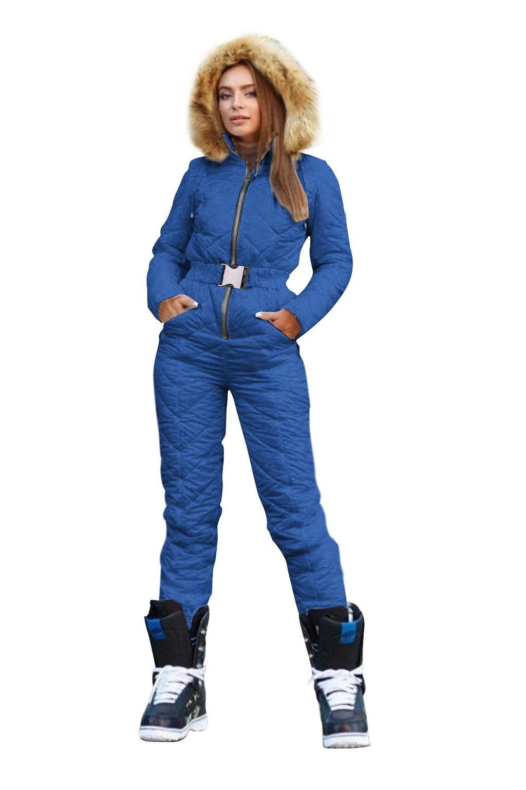 Yousify Womens Winter Ski Suit One Piece Hooded Fur Collar Ski Jumpsuit Snowsuit Outdoor Sports Coat