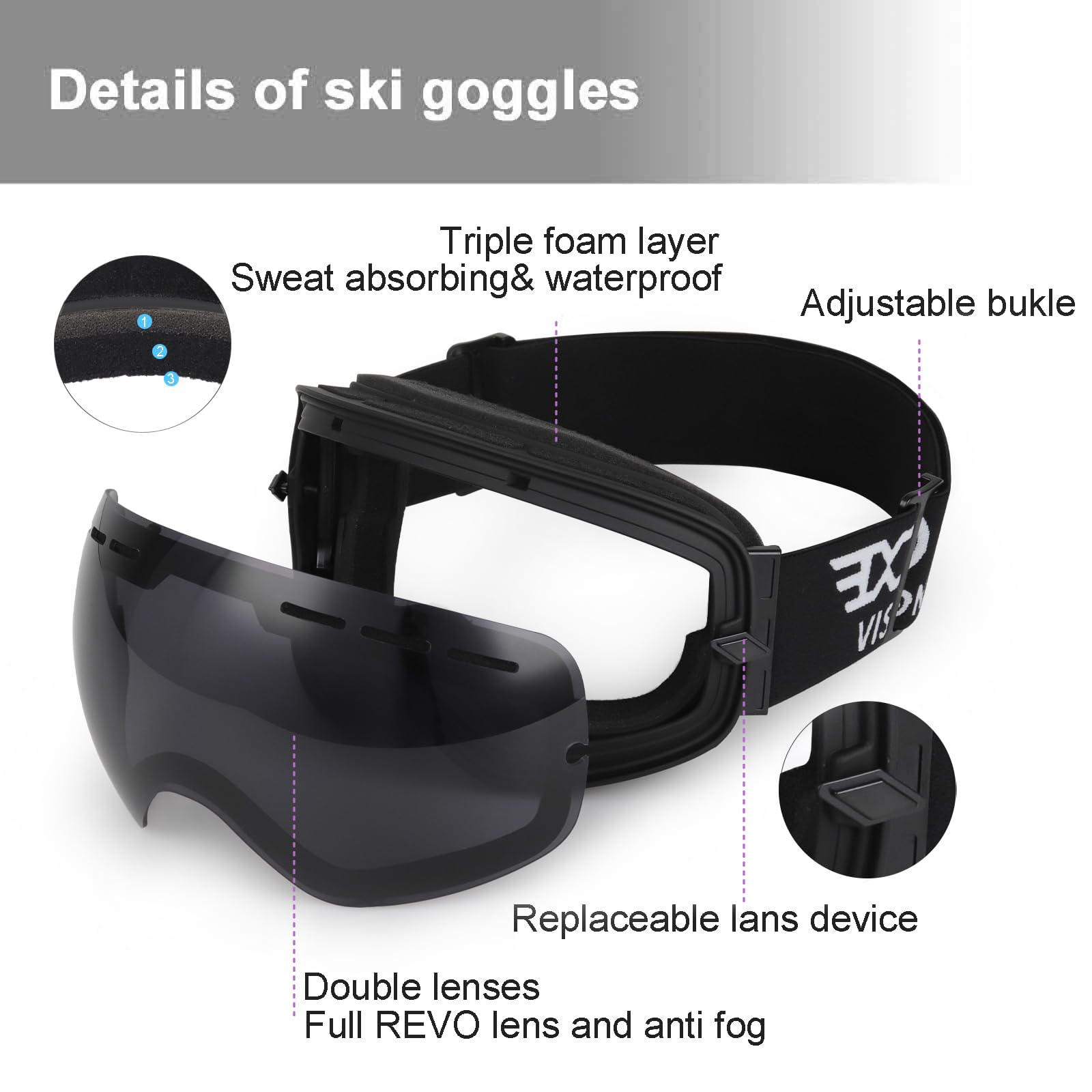 EXP VISION Snowboard Ski Goggles Men Women Youth, Anti Fog OTG Winter Snow Goggles Spherical Detachable Lens