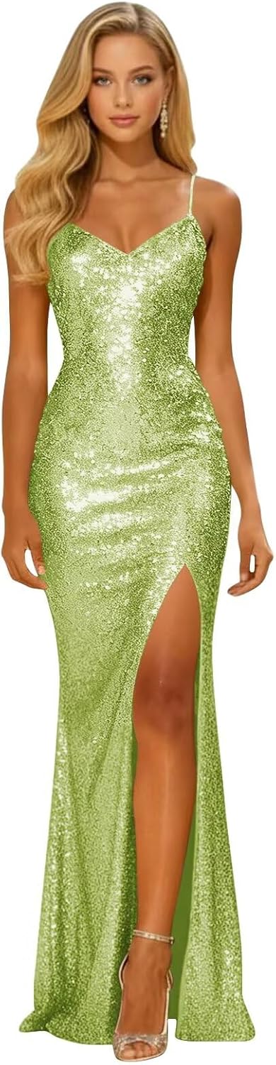 Long Sparkly Sequin V Neck Prom Dresses with Slit Mermaid Formal Evening Party Gown 2026