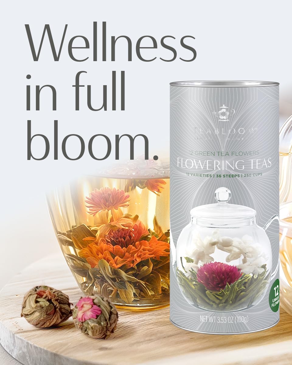 Teabloom Flowering Tea - 12 Unique Varieties of Fresh Blooming Tea Flowers - Hand-Tied Natural Green Tea Leaves & Edible Flowers - 12-Pack Gift Canister - 36 Steeps, Makes 250 Cups