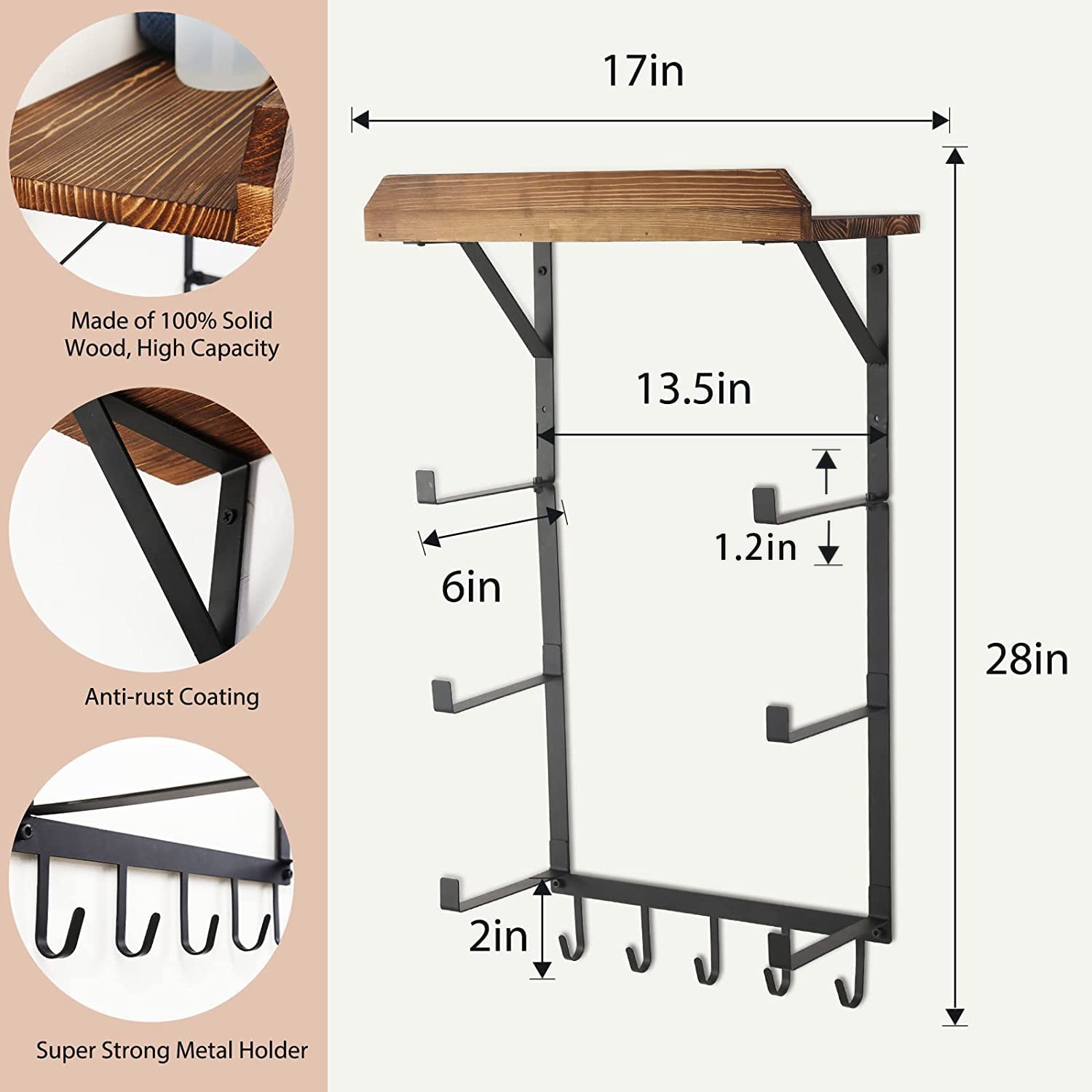 Yoga Mat Holder Wall Mount,17" x 28" Yoga Mat Rack Home Gym Accessories, Storage for Foam Roller, with Wood Floating Shelves and 5 Hooks for Hanging Yoga Strap and Resistance Bands