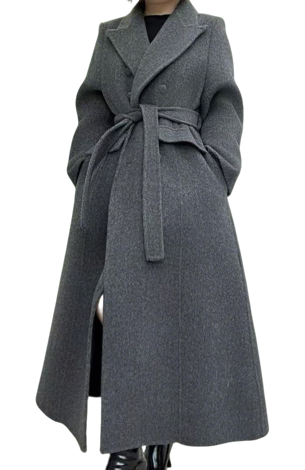 CHARTOU Women Long Winter Wool Pea Coat Lapel Double Breasted Trench Over Coat with Belt
